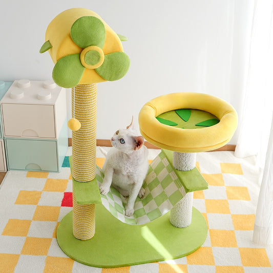 Yellow Green fan Cat Tree with Hammock