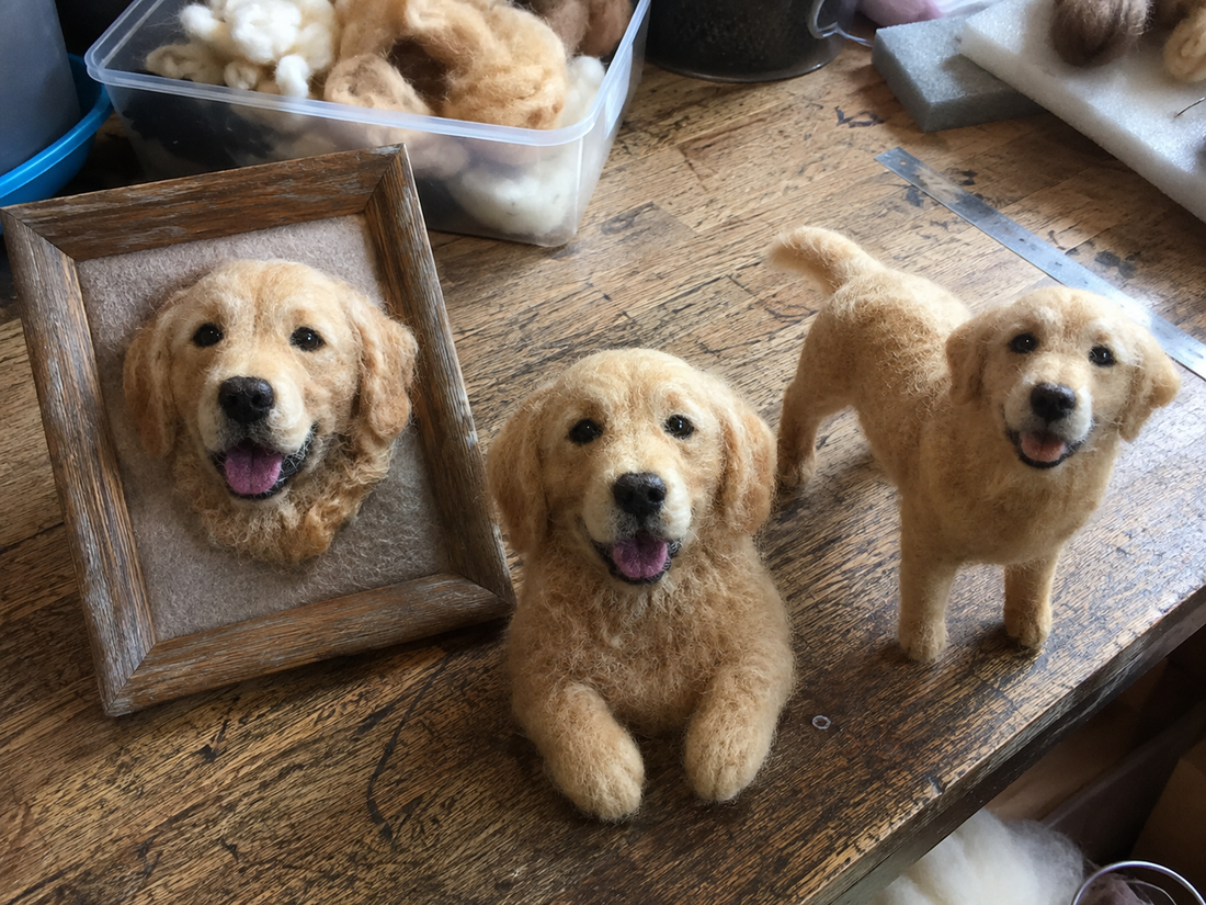 Three handmade Golden Retriever needle-felt portrait formats