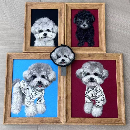 Custom framed wool felt pet portraits in wooden frames